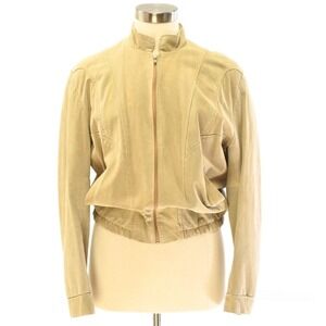 80s Vintage Beige Suede Utility Jacket Womens XL Band Collar Moto Bomber Coat 16